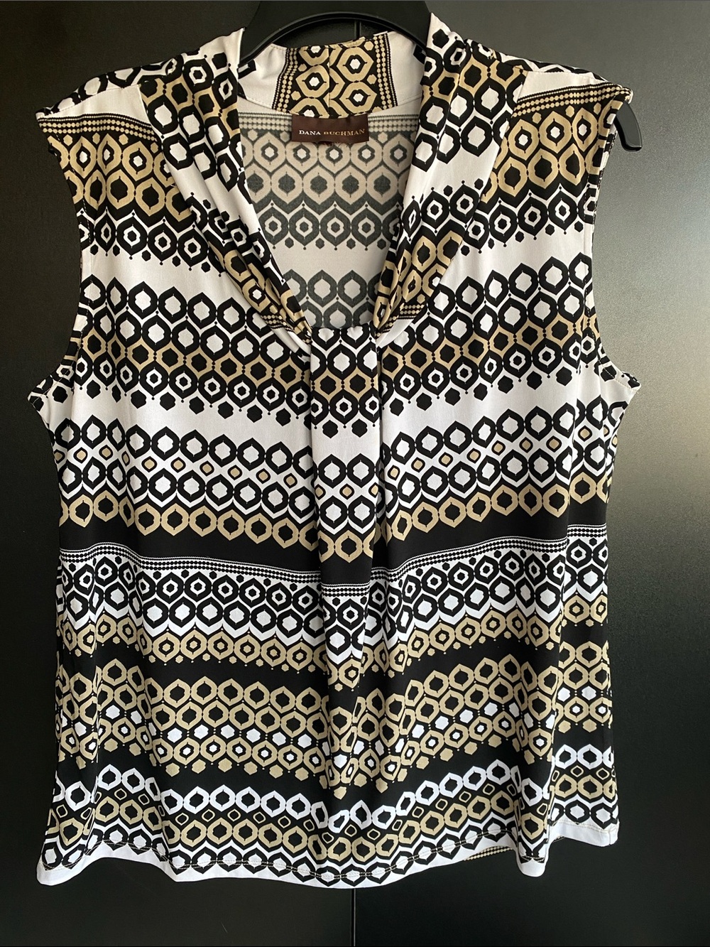Dana Buchman Black White and Gold Geometric Sleeveless Hooded Top